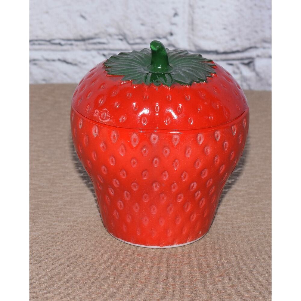 Vintage Hazel Atlas Milk Glass Red Strawberry Jam Jelly Marmalade Lidded Jar
